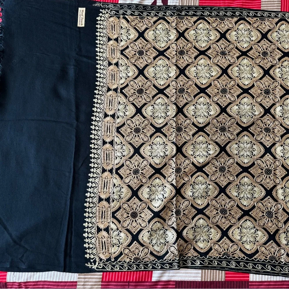 Black Kashmiri Tilla Embroidered Pashmina Shawl | Gold Embroidered Wrap